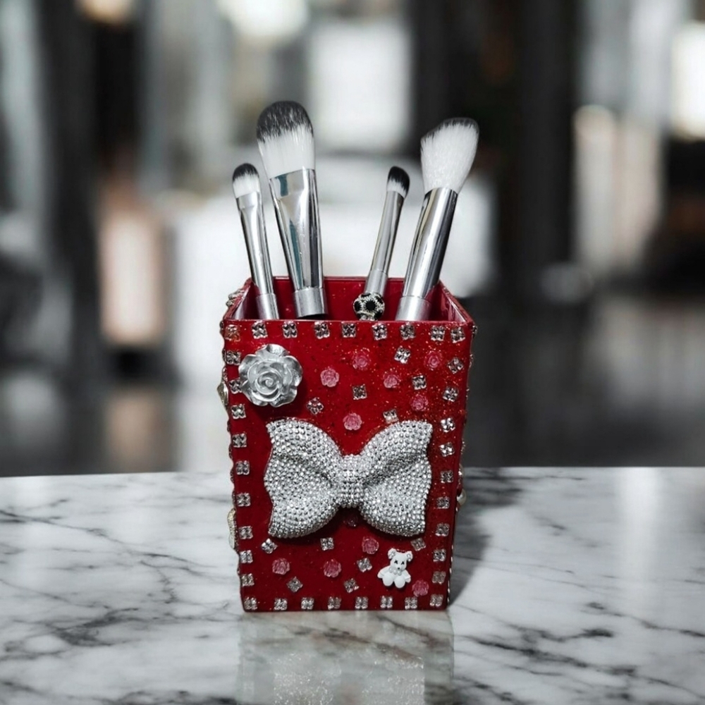 Makeup Brush Acrylic Holder Cup Organizer Red Fancy Custom Bling Rhinestones